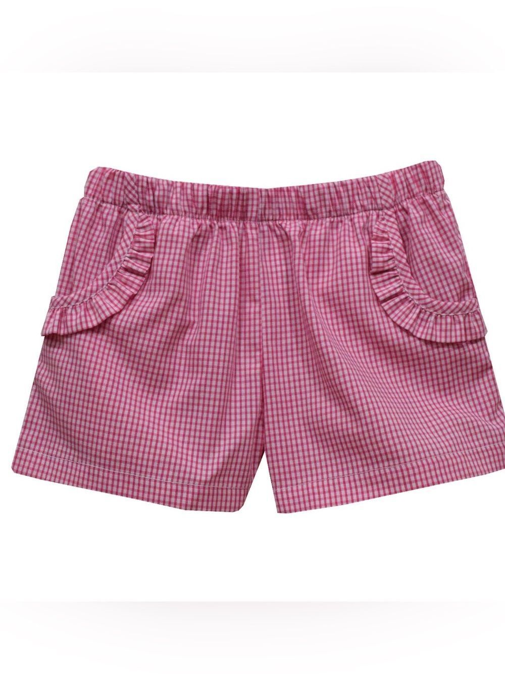 Vive la fete Raspberry Mini Check Girls Short With Ruffle Pockets